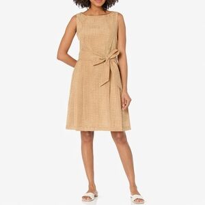 Anne Klein Womens Beige A-Line Dress Size 10 Sleeveless Boat Neck Tie Waist NWT